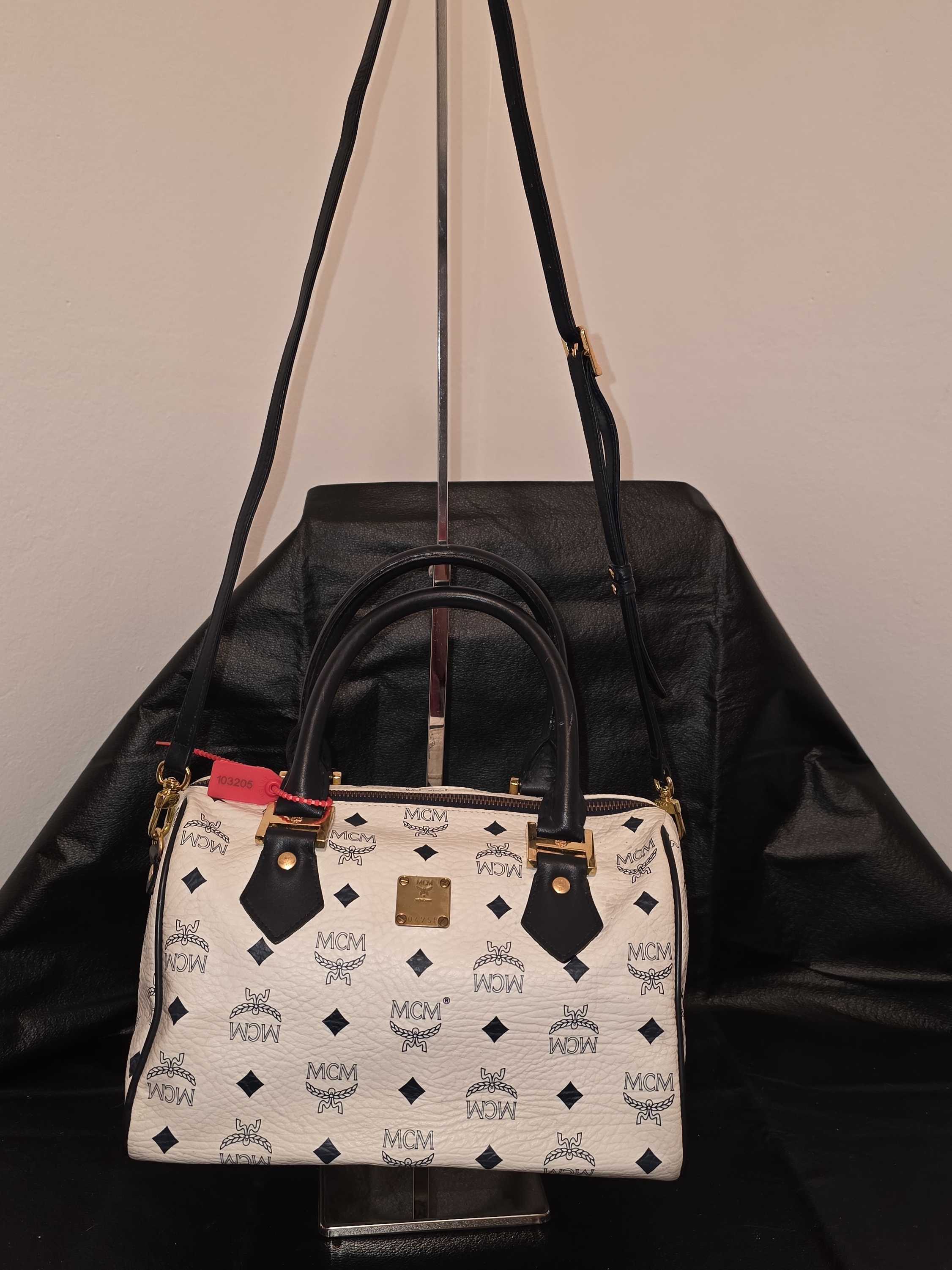 Mcm White & Blue Visetos Boston Bag With Gold Hardware